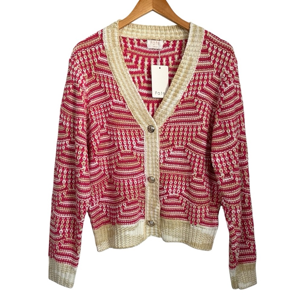 Fate Womens V Neck Button Up Cardigan Sweater Sz Medium Pink Beige Long Sleeve